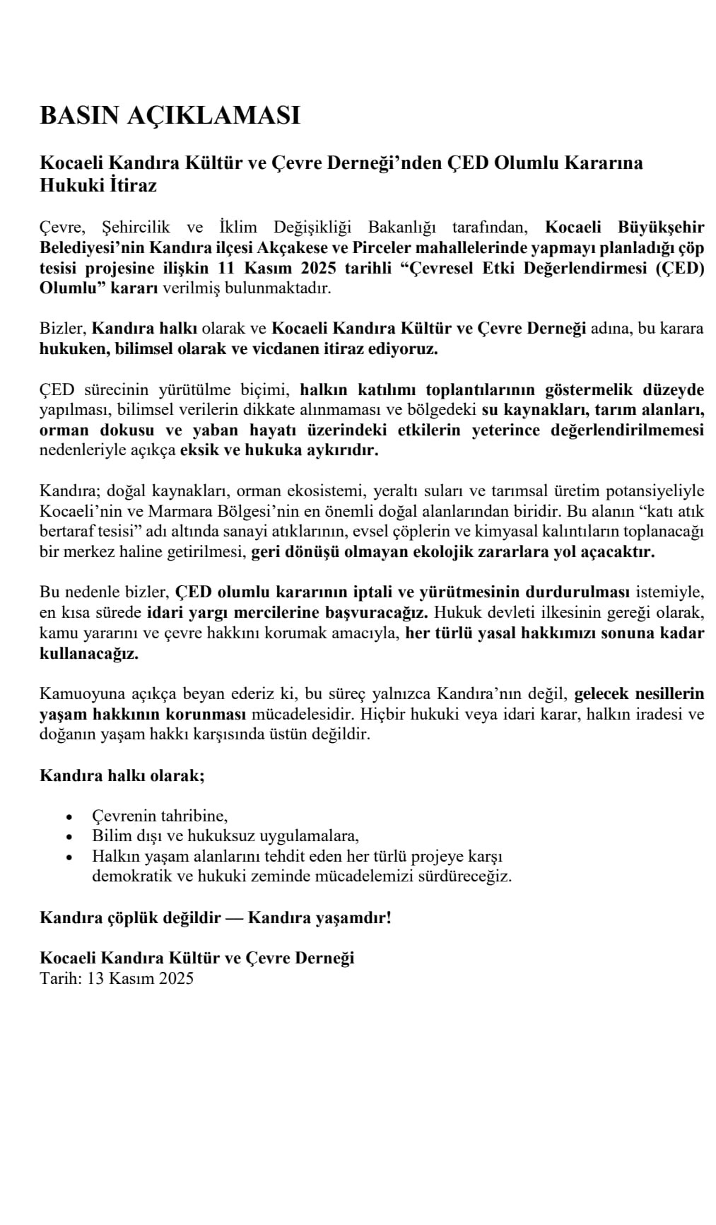 KANÇED’in ÇED kararına itiraz açıklaması