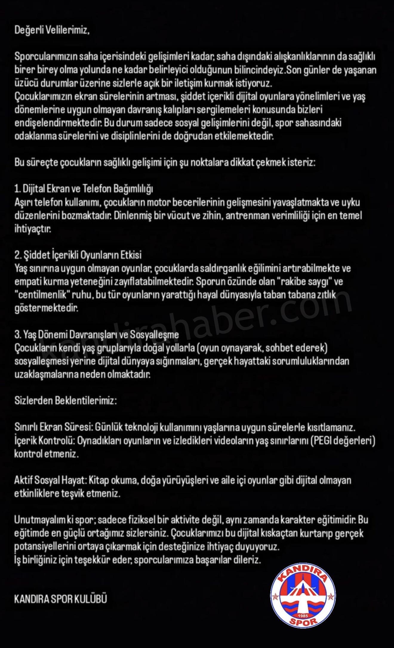 Kandıraspor’dan Velilere Kritik Uyarı: "Çocuklarımızı Dijital Kıskaçtan Kurtaralım"