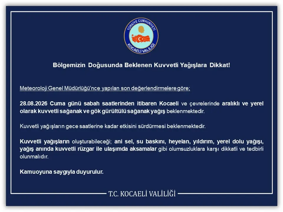 Kocaeli İçin Kuvvetli Yağış Uyarısı! Cuma Günü Etkisini Artıracak