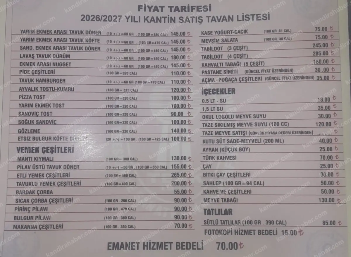 Kandıra’da Okul Kantinlerinde Fiyatlar Ne Kadar? 2026-2027 Güncel Kantin Fiyatları